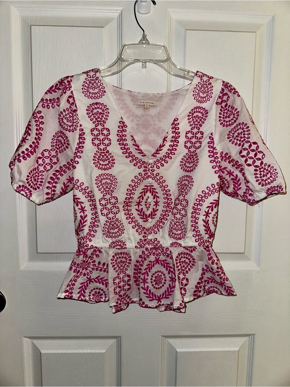 Skies Are Blue White Top with Pink Embroidered Motif